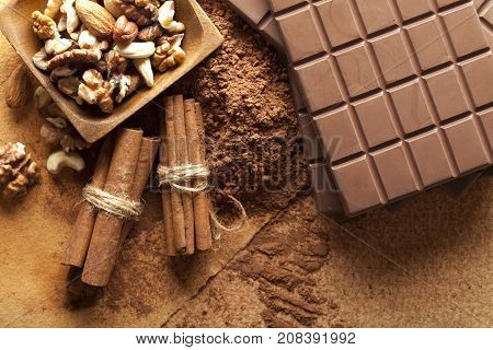 Chocolate Bars, Mixed Nuts, Cocoa And Cinnamon Sticks