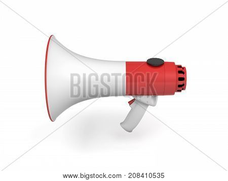 3d rendering of a single red and white megaphone isolated on white background. Public speaking. Make yourself heard. Public relations.