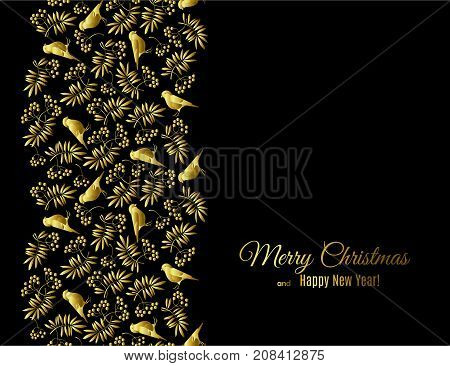Merry Christmas and Happy New Year greeting card with bullfinch and mountain ash foliage and berries golden pattern isolated on black. Abstract background for Christmas decoration. Vector illustration
