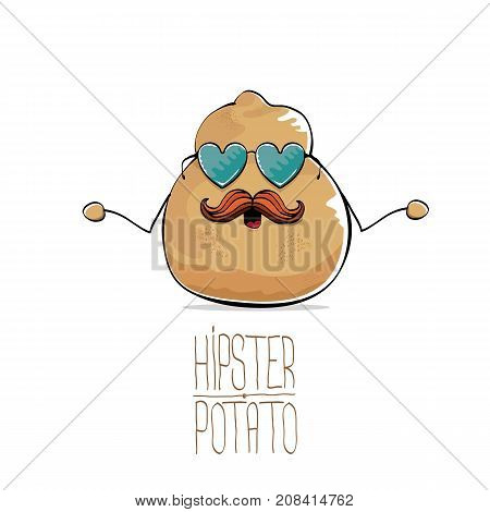 vector funny cartoon cute brown old hipster grandpa bald potato with funny mustache and heart shape sunglasses isolated on white background. My name is potato vector concept. vegetable funky character