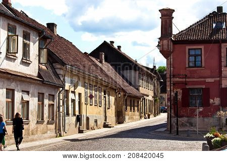 Kuldiga, Latvia - July, 2017: Typical houses in latvian city Kuldiga. Street architecture panorama. Kuldiga is a small town in western Latvia