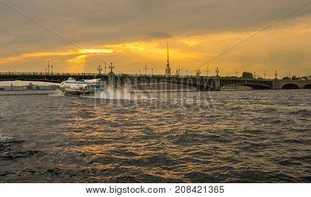 ST PETERSBURG, RUSSIA - SEPTEMBER 12: Meteor 202 hydrofoil on September 12, 2017 in St Petersburg, Russia. The ferry runs to Peterhof Palace