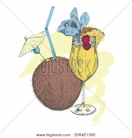 Exotic cocktail skech. Tropical cocktail with coconut, pineapple and cherry