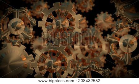 Golden gears in black background. 3D render.