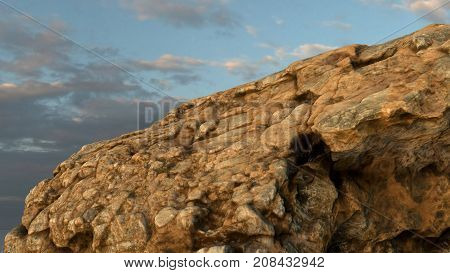 Rock /mountain in front of cloudy sky. Realistic 3D render.