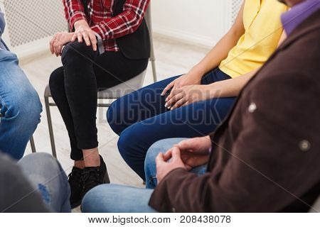 Trust circle. Company of unrecognizable people sitting together. Meeting of support group, copy space