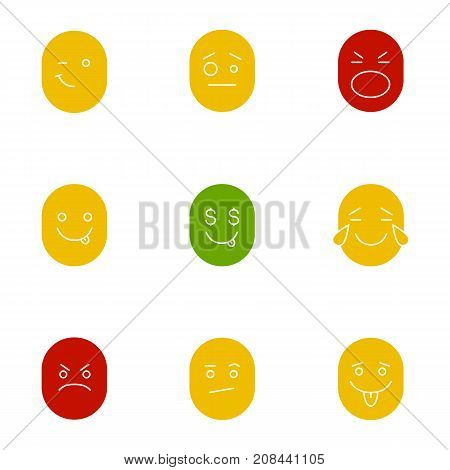 Smiles glyph color icon set. Silhouette symbols on white backgrounds. Good and bad mood. Winking confused shocked greedy laughing angry bored emoticons. Negative space. Vector illustrations