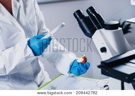 Food Safety, Woman Examining Egg In The Lab, Toned Image