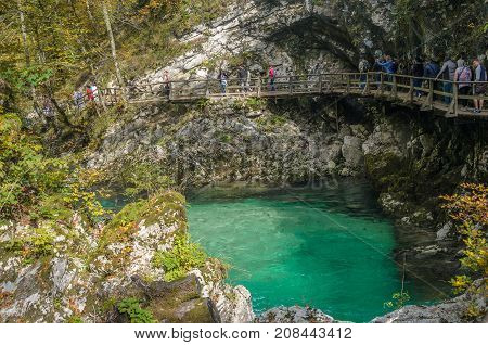 SLOVENIA, SOTESKA VINTGAR - September 30, 2017: Nature autumn landscape. Waterfall at Soteska Vintgar Slovenia. The Vintgar Gorge or Bled Gorge.