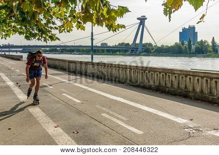 Danube River And Snp Bridge, In Bratislava