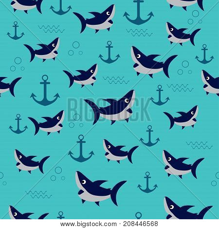 seamless pattern with cute sharks sharks swimming pattern with cartoon sharks and anchors