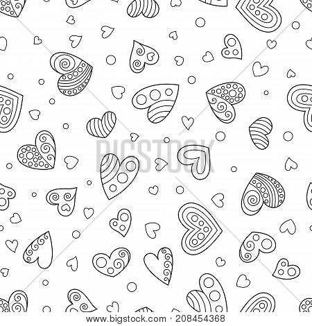 Uncolored Seamless Pattern of Contouring Hearts. Black and White Contour Hand Drawing Continued Background Hearts for Page of Coloring Book.