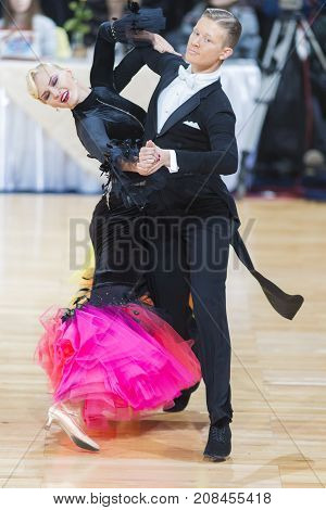 Minsk Belarus-October 7 2017: Dance Couple of Gordeev Ilia and Komarova Daria Performs Adults European Standard Program on WDSF International Capital Cup Minsk- 2017 in October 7 2017 in Minsk Belarus.