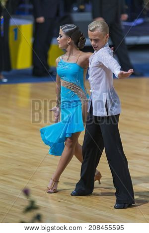 Minsk Belarus-October 7 2017: Unidentified Dance Couple Performs Youth-2 Latin-American Program on WDSF International Capital Cup MinskOctober 72017 MinskBelarus