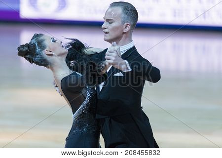 Minsk Belarus-October 7 2017: Unidentified Dance Couple Performs Adults European Standard Program on WDSF International Capital Cup Minsk- 2017 in October 7 2017 in Minsk Belarus.