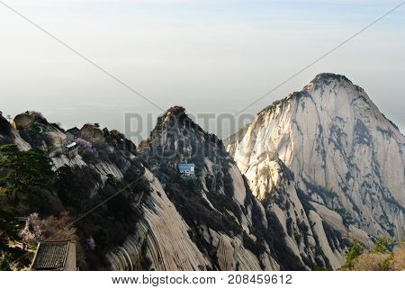 Cableway And Houses On The Top Of Huashan Mountain, China