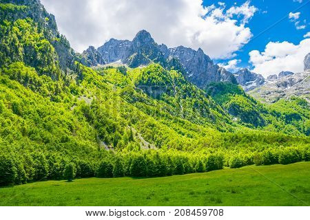 Picturesque Meadows And Forests Are Located Among The High Mountains.