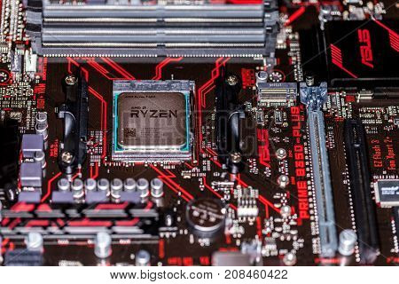 HANNOVER / GERMANY - OCTOBER 12 2017: AMD Ryzen processor chip on an Asus prime 350 plus mainboard.