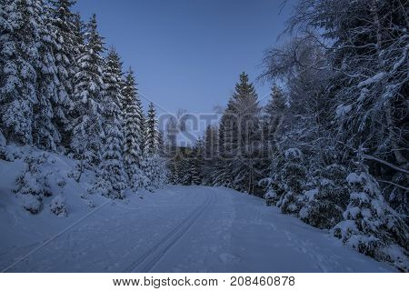 Morning with sunrise in Jeseniky mountains in winter sunny day