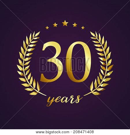 30 years old luxurious logotype. Congratulating 30th, 3rd numbers in circle of palms, cup template. Isolated sign greetings symbol, celebrating traditional stained-glass decorative retro style ear.