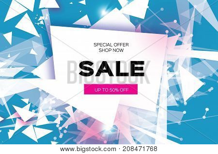Big Sale. White fiery explosion. Discount. Trendy Geometric elemets and frame in paper cut style. For brochure, flyer. Simple geometry. Blue background. Vector illustration.