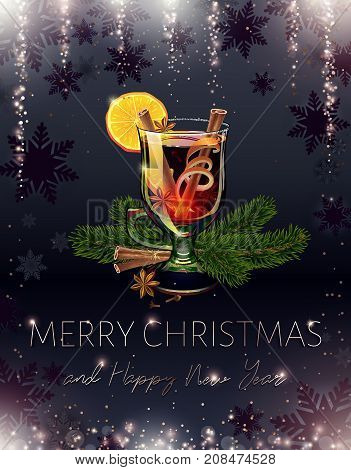 Mulled wine. Black Merry Christmas and happy new year postcard. Holiday alcoholic cocktail. Realistic illustration. Xmas banner. Falling sequins and sparkle. Sparkly rain. Proportional to A6. Vector.