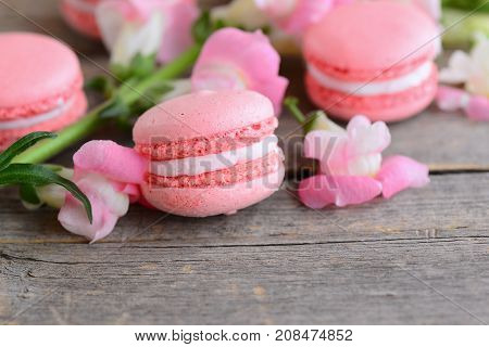 Popular French cakes macarons. Light pink macarons and flowers on a vintage wooden background with copy space for text. Sweets background. Closeup