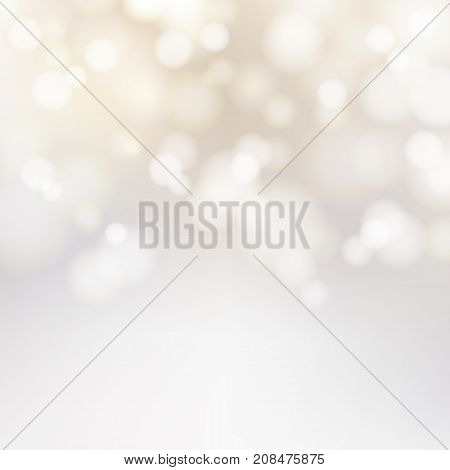 Bokeh silver and white Sparkling Lights Festive background with texture. Abstract Christmas twinkled bright defocused. Winter Card or invitation. Vector illustration
