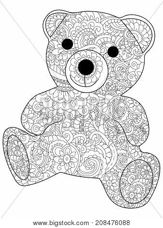 Plush toy bear coloring book for adults raster illustration. Anti-stress coloring for adult. Zentangle style. Black and white lines listen. Lace pattern