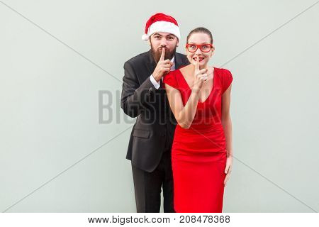 Shh Sign. Big Secret, Shut Up! Well Dressed Businessman And Woman Looking At Camera And Showing Quie