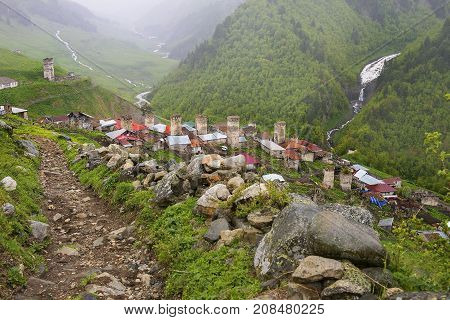 Ushguli - the highest inhabited village in Europe, Enguri gorge in Upper Svaneti, Georgia - UNESCO World Heritage Site