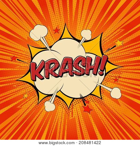 Krash comic text speech bubble. Sound effect bang cloud icon of color phrase lettering. Cartoon vector illustration on red background.