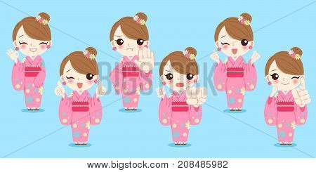 woman wear kimono with differnet gesture on the blue background