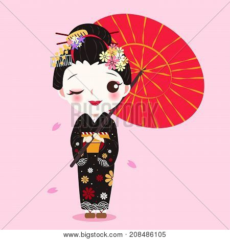 beauty cartoon geisha on the pink background