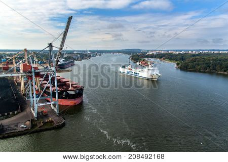 SWINOUJSCIE POLAND September 20 - 2017: Unity Line operates a year-round ferry service between the Polish port of Swinoujscie and the Swedish port of Ystad. A view of the ship leaving the harbor