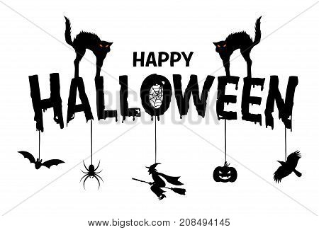 Happy Halloween Text Banner with spider, black cat, witch, pumpkin and flying crow. Vector