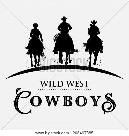 Silhouette of three cowboys riding horses, Vector