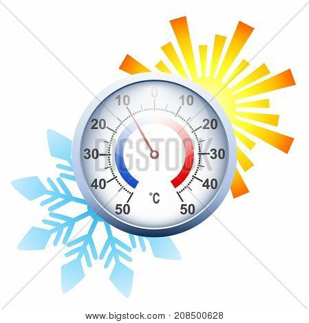 Celsius round thermometer with sun and snowflake. Outdoor temperature device