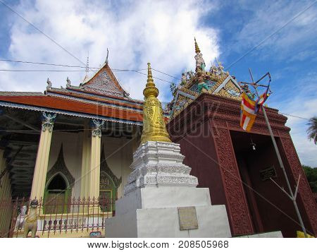 Front view of Damrey sor pagoda buddhist temple in Battambang Cambodia