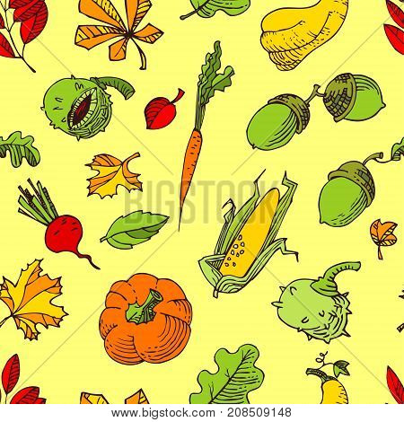 Autumn seamless pattern. Fall season background with bright leaves and vegetables. Doodle vector illustration with acorn pumpkin chestnut and corn in line art style.