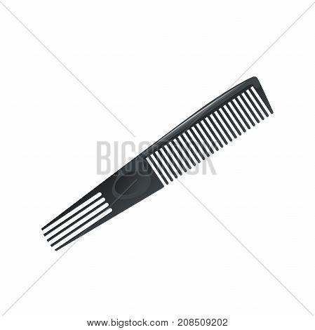 Cartoon trendy plastic black hair comb with special long teeth. Icon isolated on white background. Professional salon accessories vector illustration.