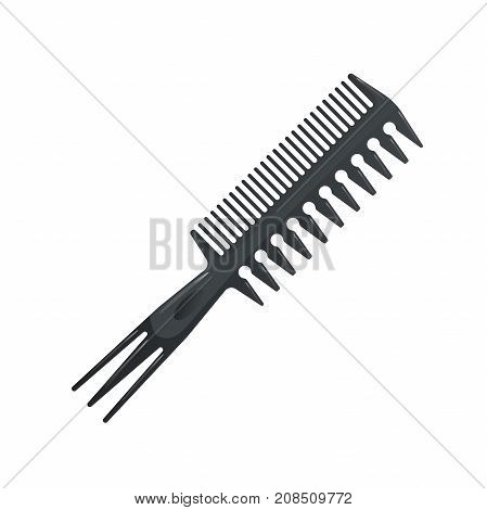 Cartoon plastic double side black hair comb with special long teeth. Icon isolated on white background. Professional salon accessories vector illustration.