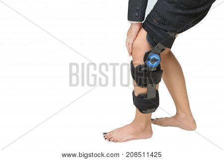 Knee Support Brace On Patient Leg Isolate Onwhite