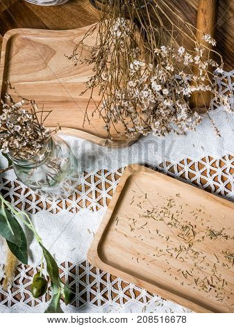 Wood Tray Set In Kitchen With Origano And Italian Herbs Seasoning