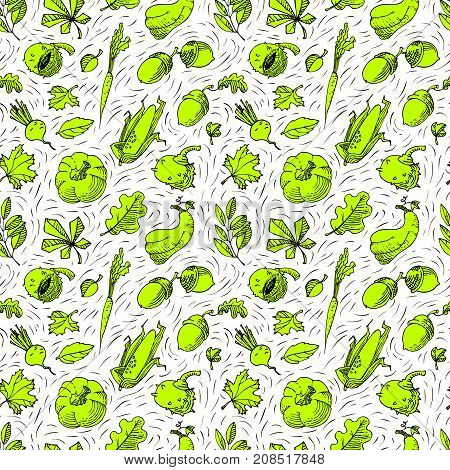 Autumn seamless pattern. Fall season background with leaves and vegetables. Doodle vector illustration with acorn pumpkin chestnut and corn in line art style.