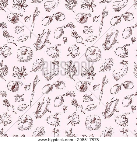 Autumn seamless pattern. Fall season background with leaves and vegetables. Doodle vector illustration with acorn pumpkin chestnut and corn in line art style.