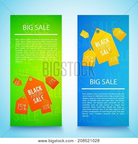Two vertical black friday banner set with big sale descriptions and red and yellow tags vector illustration