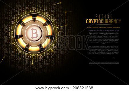 Golder bitcoin virtual currency technological background. Neon glowing sign and binary code