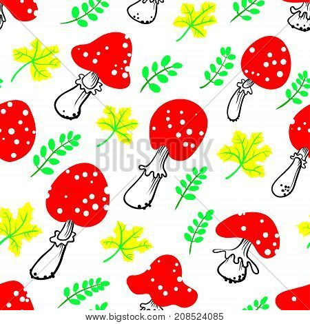 Amanita seamless pattern. Mushroom background with bright autumn marple leaves. Fall season vector illustration