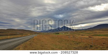 Cloudy late summer day in Nordurland Iceland.